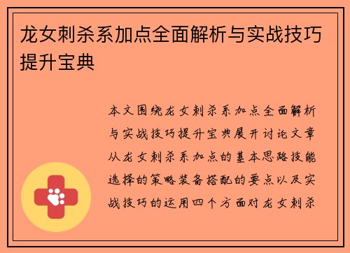 龙女刺杀系加点全面解析与实战技巧提升宝典